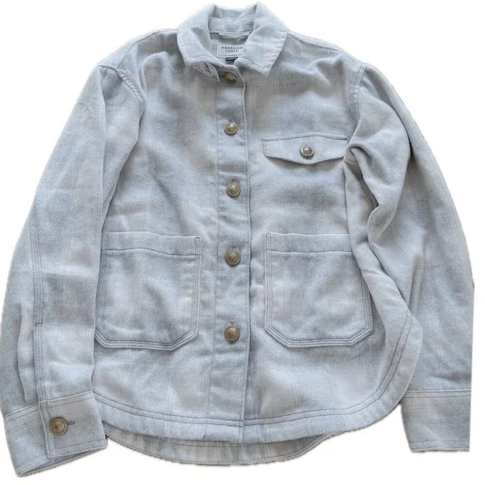 AE Soft Plaid Button Up Grey Shirt Jacket in Flannel - Picture 5 of 6